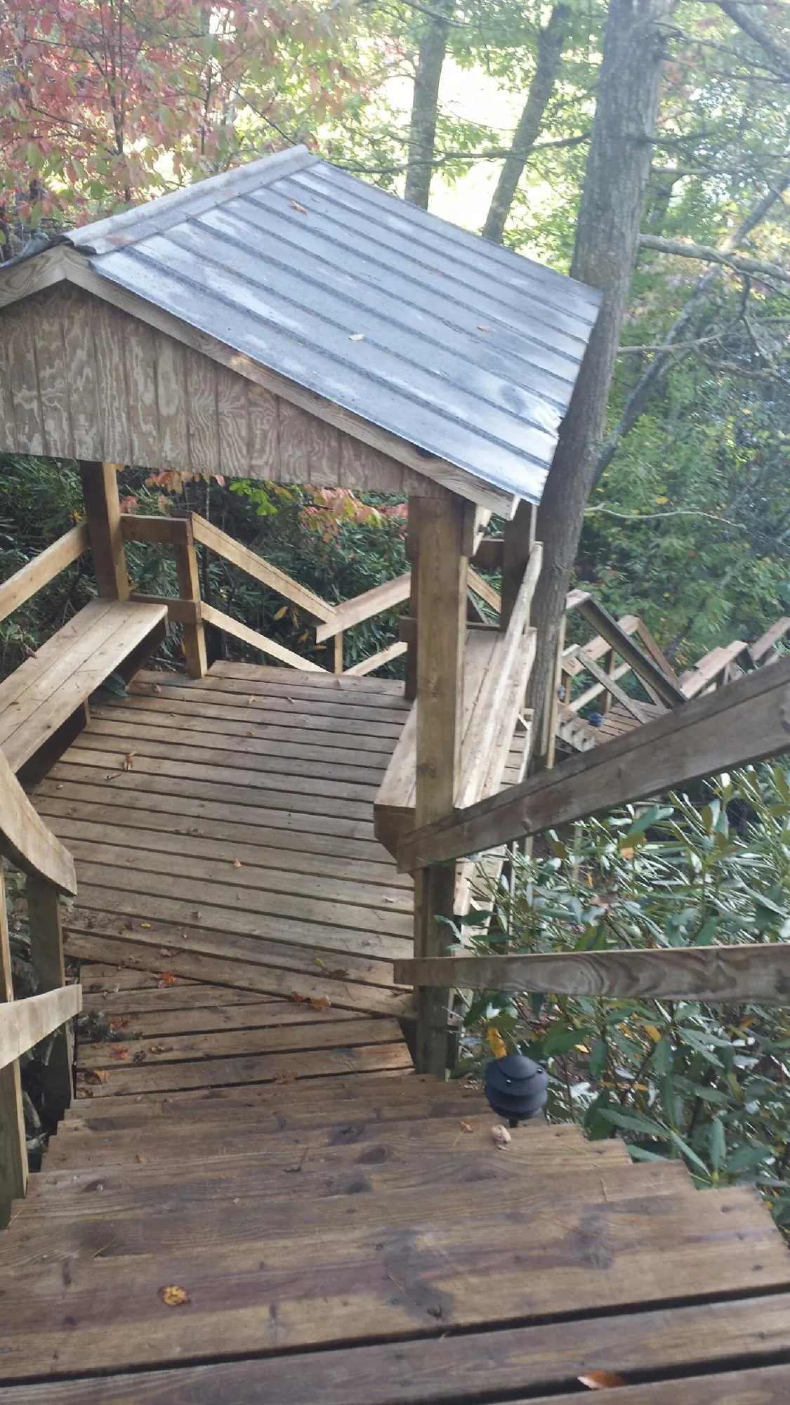 Metal roofed shelter over wooden steps on a wooded walkway — Skylight Repair & Installation work by our crew in Balch Springs